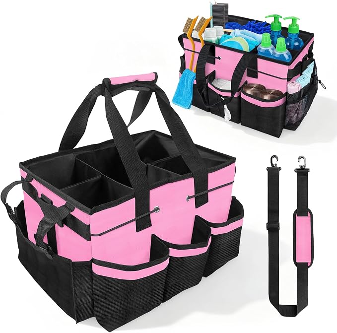 Cleaning Caddy Bag Heavy-Duty Organizer Tote for Housekeepers, Janitors & Home Cleaning Supplies with Adjustable Shoulder Strap & Multiple Pockets (Pink) by ALSLEA