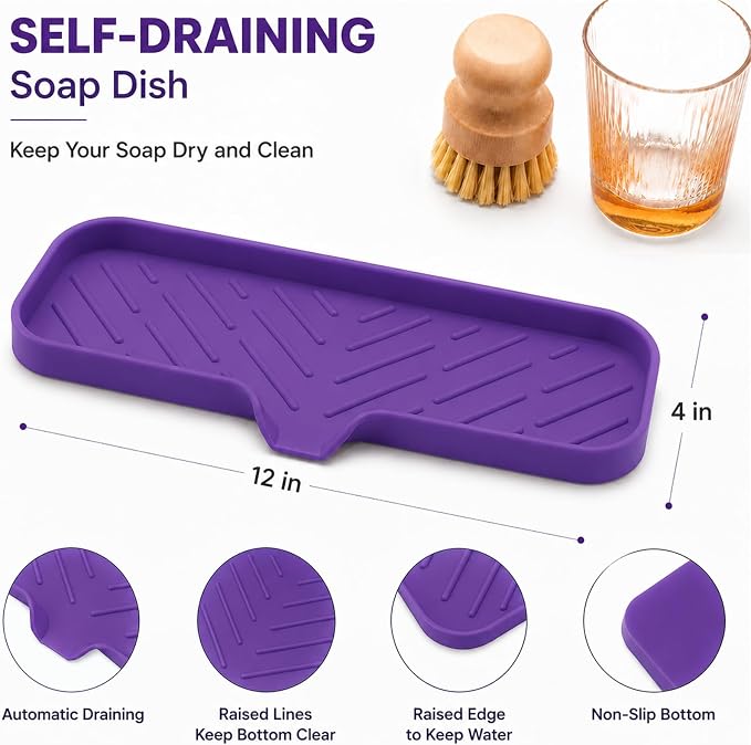 MicoYang Silicone Soap Dish with Drain Spout — Self-Draining Double Sink Organizer Tray for Kitchen & Bathroom, Dispensers, Sponges & Soap Holder, Non-Slip & Dishwasher Safe, Purple (Large, 12"×4") - Image 2