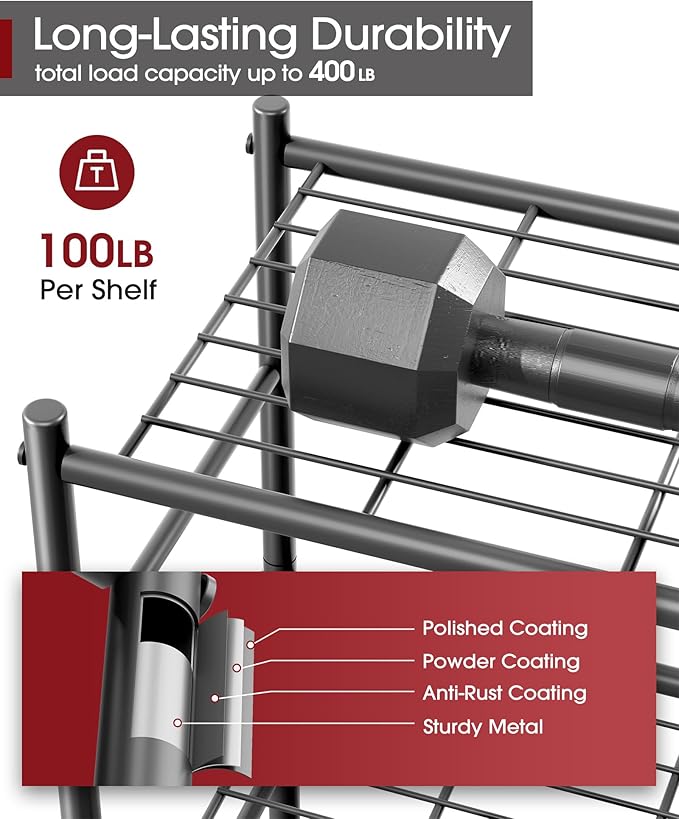 Sakugi Storage Shelves - 4 Tier Shelf Organizer, Sturdy Metal Garage Shelving with Adjustable Leveling Feet, Space-Saving Shelves Organizer for Pantry, Laundry, Kitchen (18" x 12" x 44", Black) - Image 3