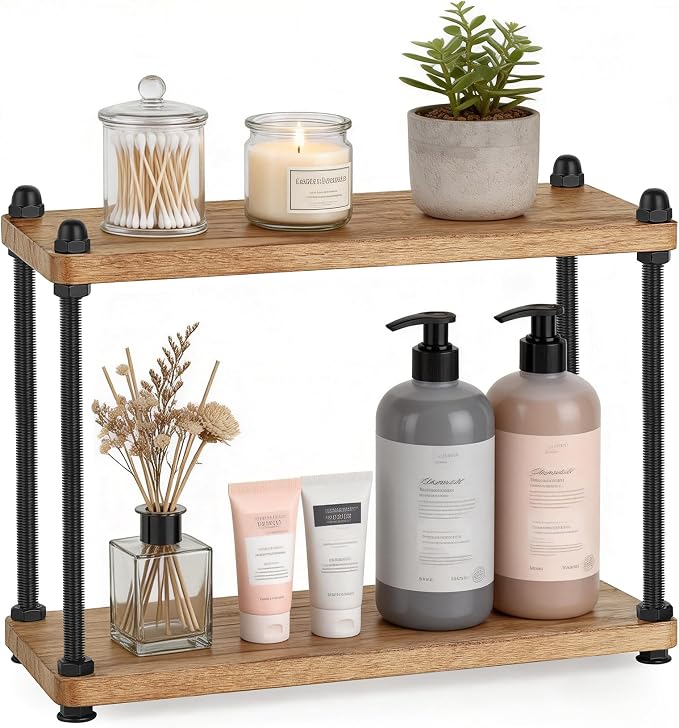 Mkono Bathroom Counter Organizer, 2 Tier Rustic Wood Countertop Sink Shelf | Light Brown, Skincare Makeup Spices Mugs Perfume Holder, Vanity Bedroom Kitchen Coffee Bar Office Storage Decor, Space-Saving by Mkono