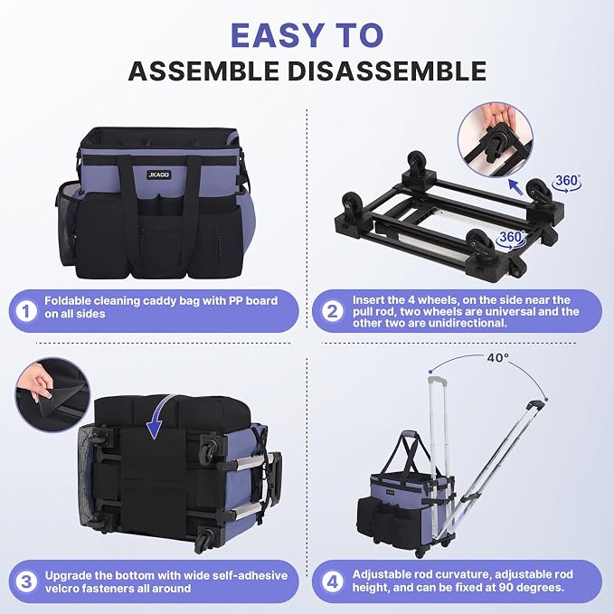 JKAOO Large Rolling Cleaning Caddy Bag with Detachable Trolley, Denim Blue | Waterproof Cleaning Caddy with Wheels, 40L Wheeled Organizer Cart for Supplies, Housekeepers, Home, Office, Car, Picnic - Image 4