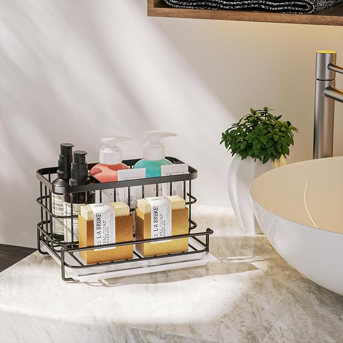 HapiRm Kitchen Sink Organizer, SUS304 Stainless Steel Rustproof Multifunctional Sink Caddy with Sponge Holder and Drain Tray for Kitchen Countertop (Black) - Image 7
