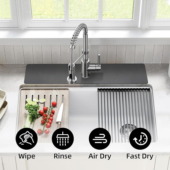 LOPNUR Cuttable Faucet Mat for Kitchen Sink, Long 24x5.5 Inch, Dark Grey | Super Absorbent & Fast Dry Diatomite Sink Splash Guard, 0.8-2.4 Inch Adjustable Faucet Hole, Cut to Fit Bathroom & RV Sinks - Image 6