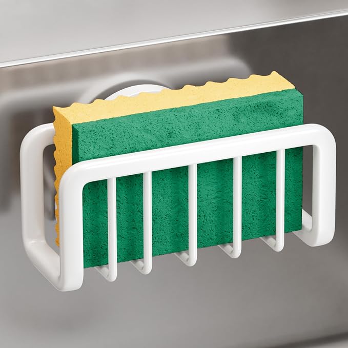 TAILI White Sponge Holder for Kitchen Sink with Strong Suction Cup | Removable Sink Caddy for Kitchen Sink Oganizer, Rustproof Aluminum Sink Sponge Holder for Scraper Brushes, Stoppers by TAILI