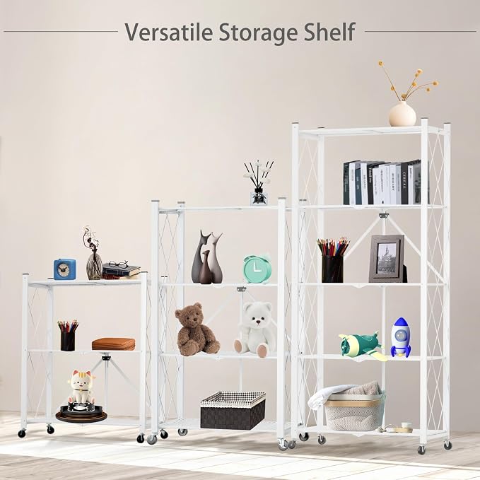 3 Tier Foldable Storage Shelf with Wheels Heavy Duty Garage Shelving | Unit Loads 550 LBS, Metal Steel Collapsible Shelves, Rolling Standing Utility Rack for Kitchen, Pantry, Office, White - Image 4