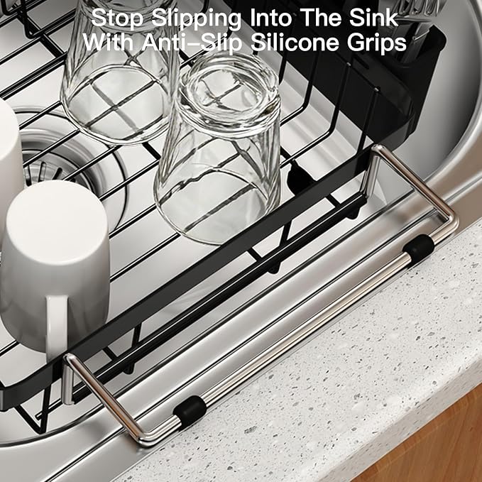 Dish Drying Rack Over The Sink with Utensil Holder, Mat | Expandable Stainless Steel Dish Drainer for Small Kitchen, Apartment, RV, Counter Space Saving, Perfect Fit, Rustproof - Image 8