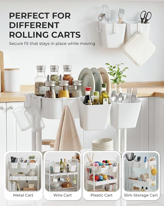 4 Pack Rolling Cart Accessories, White Craft Cart Cup Holder and 6 Hooks for Utility Carts Accessories, Adhesive Kitchen Cabinet Door Storage, Space-Saving Wall Mount Organizer for Bathroom, Office - Image 3
