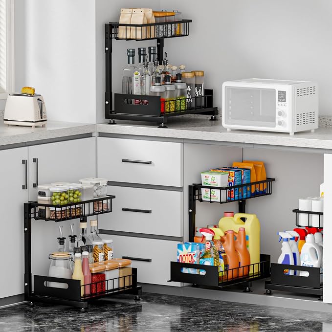 2-Pack L-Shaped Under Sink Organizer, 2-Tier Pull-out Cabinet Rack | Black Height-Adjustable Steel Rack, Sliding Grid Drawers with PP Liners, Holds 100 Lbs, Suction Base, Ideal Kitchen Storage - Image 3