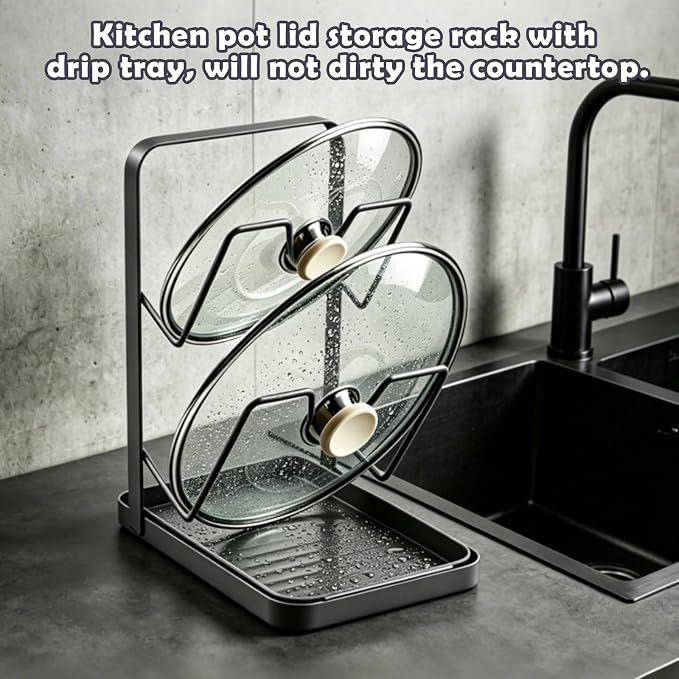 BEEFLYING Pot Lid Holder Organizer for Countertop with Tray, Gray | Holds 2 Pot Lids, 7.17*5.39*8.86In, Carbon Steel for Cooking Stove Top Kitchen Counter Cabinet Blanched - Image 4