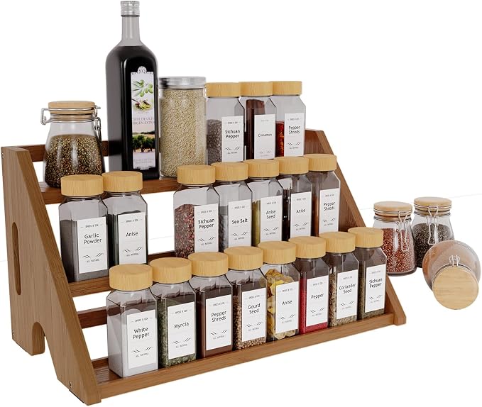 Bamboo Spice Rack Organizer -3-Tier Spice Rack for Countertop,Cabinet Spice Rack Organizer for 24 Spice Jars(4oz)，Step Shelf (Walnut) - Image 8