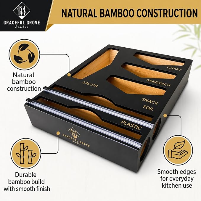 6-in-1 Bamboo Food Storage Bag Organizer for Drawer – Bag Organizer with Foil & Plastic Wrap Dispenser, Built-In Cutter, Holds Gallon Quart Sandwich Snack Bags, Black - Image 2
