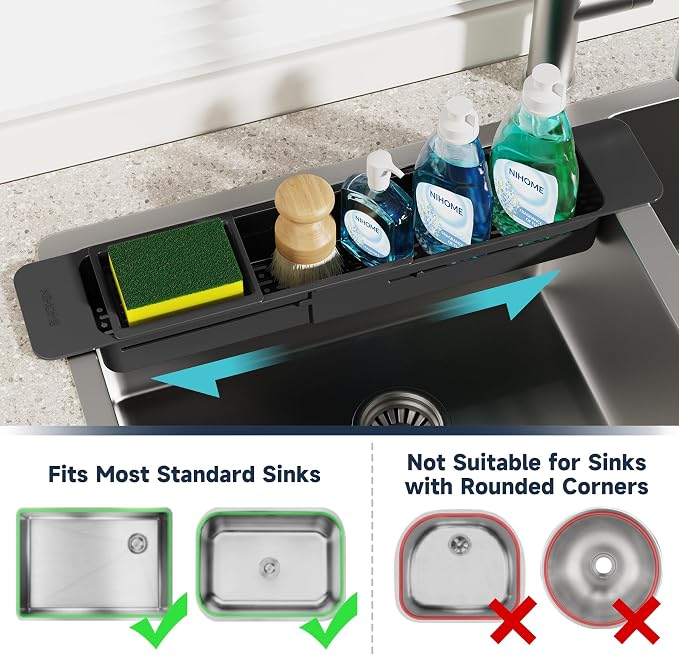 NiHome Extendable Kitchen Sink Caddy Extra Long Brush Sponge Storage Holder | Expandable Kitchen In Sink Organizer Extra Long for Brush & Sponge with Drainage, Adjustable Length, Non-Slip Pads (Black) - Image 5