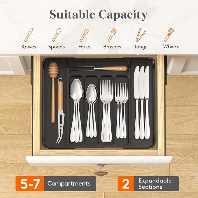Lifewit Silverware Organizer for Drawer, Expandable Utensil Tray, BPA-Free Adjustable Cutlery Holder for Kitchen Storage, 8.1-13.9 x 11.3, Black - Image 3