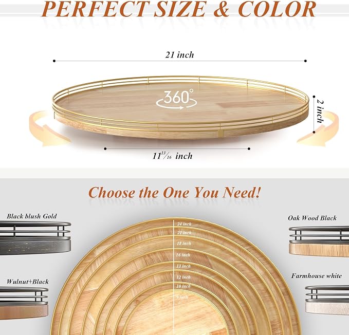 AMH 21-Inch Extra Large Lazy Susan with Oak Base and Black Iron Rail | Smooth rotating oak tray with walnut finish for dining tables, kitchen counters, pantries and cabinet storage. - Image 6
