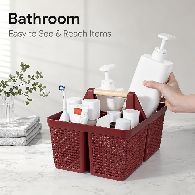 UUJOLY Portable Plastic Shower Caddy Basket with Wooden Handle, Red | Divided Storage Organizer Tote for Bathroom, Dorm, College, Kitchen & RV – Lightweight, Easy-Carry Essentials Caddy - Image 4