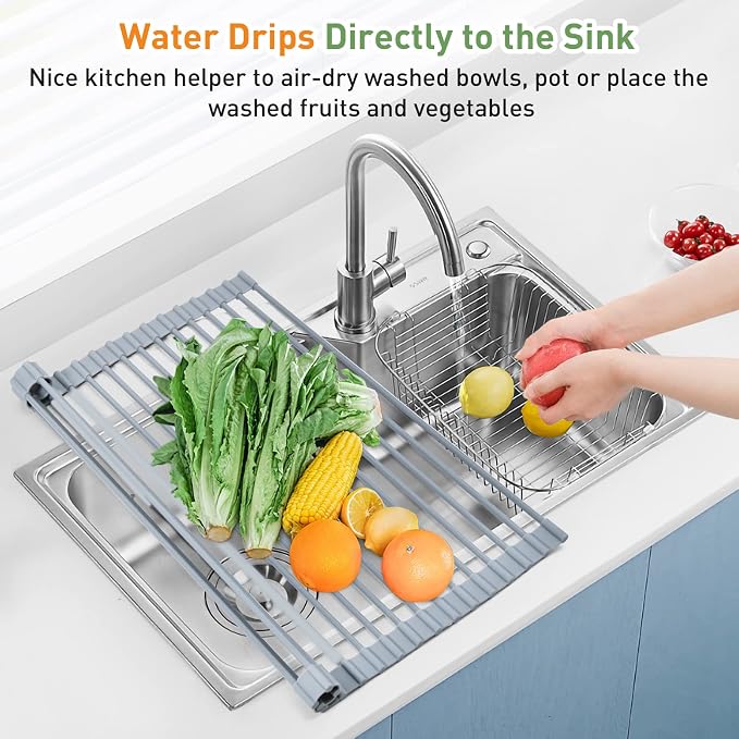 MERRYBOX Roll Up Dish Drying Rack, Over The Sink Dish Rack Foldable, Heat-Resistant, Anti-Slip Silicone Coated Dish Drainer for Kitchen Counter, Large & Multipurpose Sink Drying Rack, 20.5" x 13.1" - Image 9
