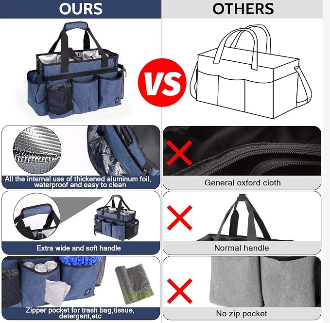 Large Cleaning Caddy Bag Built-in hard plastic sheet Aluminum foil lining | Waterproof nylon, aluminum foil lining, detachable dividers, dual straps for housekeepers - Image 3