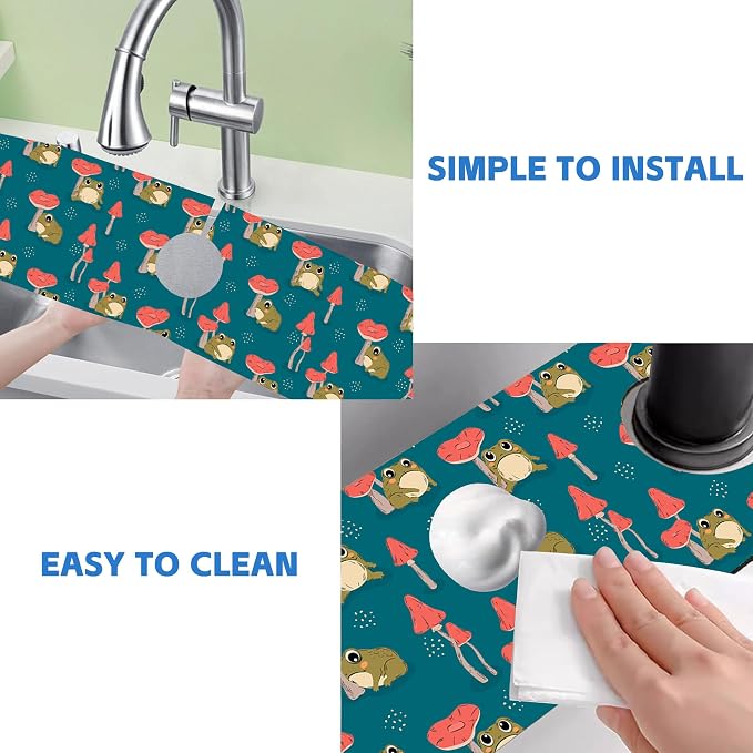 Cute Frog and Mushrooms Dish Drying Mat for Kitchen Sink Splash Guard Behind Faucet Sink Mat Absorbent Fast Drying Faucet Draining Mat for Bathroom Kitchen 5.5"×24" - Image 5