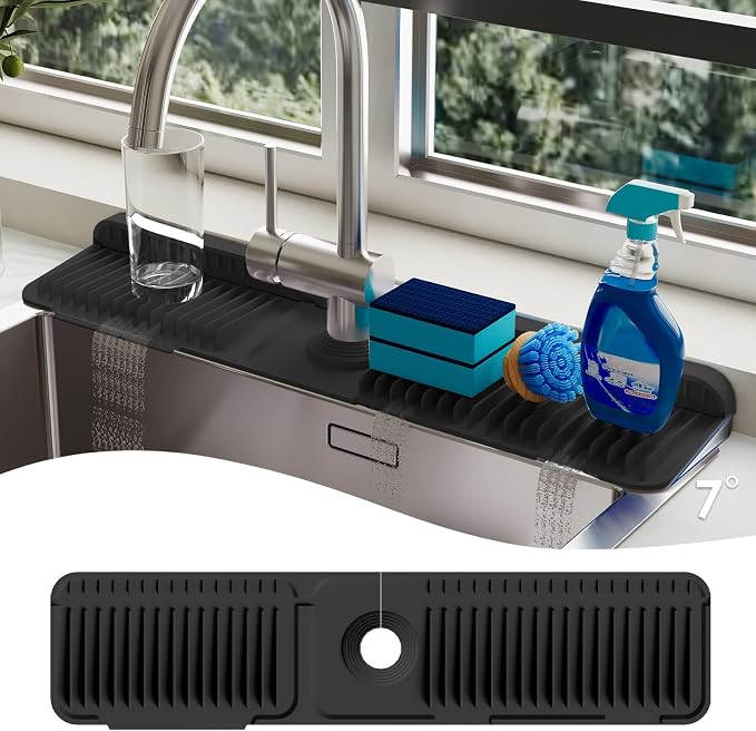 24-Inch Silicone Faucet Mat for Kitchen Sink Splash Guard, 7° Slope | 24"x5.5" water draining mat with fasten button; 1.6-2.75" customizable hole for bathroom, RV & kitchen sink drip catcher. by AEFLMHealth%C2%B7Home