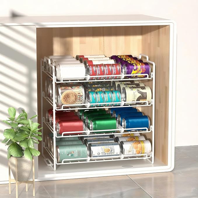 4 Tiers Stackable Can Rack Organizer, Wear-resistant Upgrade Beverage Food Can Dispenser Holder Holds up to 48 Cans for Kitchen Cabinet and Pantry (White) - Image 6
