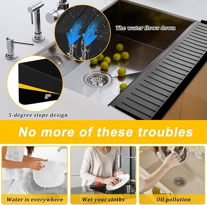 Silicone Sink Edge Protectors - Multifunction Accessories, Splash Guard & Draining Mat for Kitchen, Bathroom Sink, Steel, Granite, Quartz Countertops (Black, 4 * 14in) - Image 4