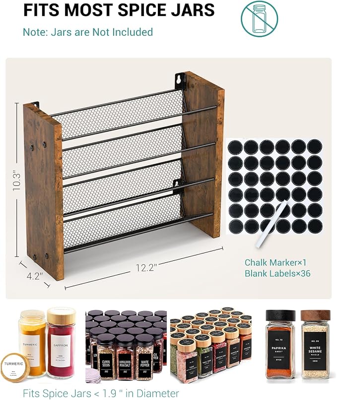 Spice Rack Organizer for Cabinet, Seasoning Organizer, No Jars Included | Wall Mount, Holds 24 Standard 4 oz Jars, Fits Jars Under 1.8 in Wide, 4-Tier Kitchen Countertop Shelf, 12.2" W x 10.3" H - Image 2