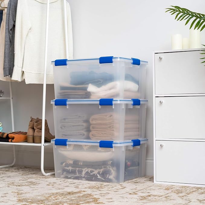 IRIS USA 3-Pack 60 Qt Storage Bins with Gasket Lids, Clear/Blue | WeatherPro seal helps protect bulky items for moving, garage, attic and basement storage - Image 5