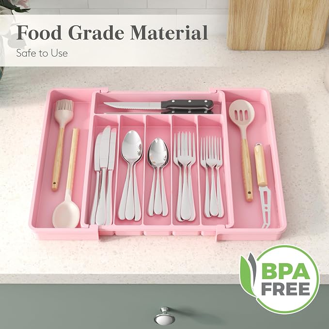 Lifewit Silverware Drawer Organizer, Expandable Utensil Tray for Kitchen, BPA Free Flatware and Cutlery Holder, Adjustable Plastic Storage for Spoons Forks Knives, 10.9"-17.5" x 13.7", Pink - Image 7