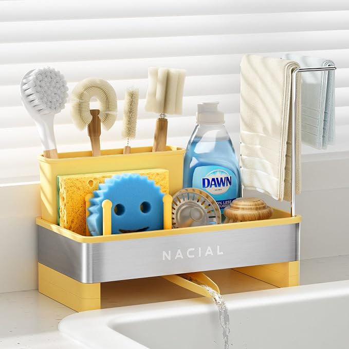Nacial Kitchen Sink Organizer, Sink Caddy with Sponge & Tall Brush Holder | 304 Stainless Steel Kitchen Countertop Organizer with Double-Bar Towel Holder, Stores Sponge, Brush, Towel & Sink Essentials by NacialPromise-Consumersfirstalways