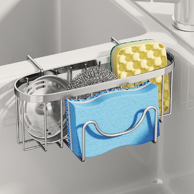 SWTYMIKI Sponge Holder for Kitchen Sink - Movable Kitchen Sink Caddy with M Shape Hook Stainless Steel Hanging Sponges Caddy Organizer in Double Bowl Sinks Depth>3.15in, Middle divider<1.5in, Silver L by SwtyMiki-TidyHomeSweetLife