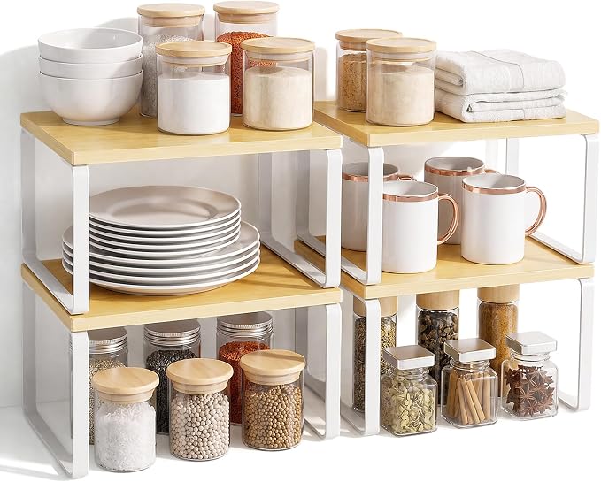 LAMU Cabinet Organizer Shelf, Set of 4 Expandable Kitchen Counter Shelve Plate Organizer for Cabiner, Stackable Spice Rack, CupBoard Organizers and Storage, Wood - Image 8