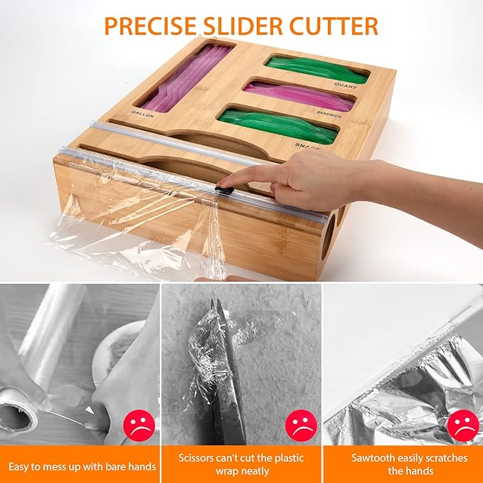 Storage Bag Organizer with Foil and Plastic Wrap Organizer , Aluminum Foil Dispenser with Cutter, Bamboo 6 in 1 Baggie Organizer Suitable for Gallon, Quart, Sandwich, Snack - Image 5