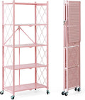 BRIAN & DANY 5-Tier Foldable Storage Shelves with Wheels, Folding Metal Rack Shelving Unit, Heavy Duty No Assembly Organizer Shelf for Garage, Kitchen, Basement, Pantry, Pink by BRIANDANY