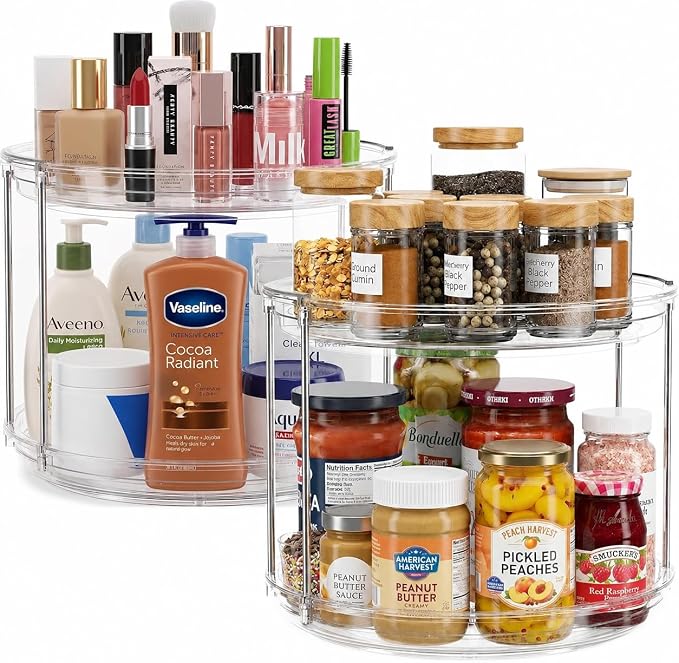 Oizeir Clear Two Tier Lazy Susan Organizer 2-Pack | Rotating Spice Rack Turntable, For Kitchen Cabinet, Countertop, Bathroom, Dining Table, Spinning Carousel Racks by Oizeir