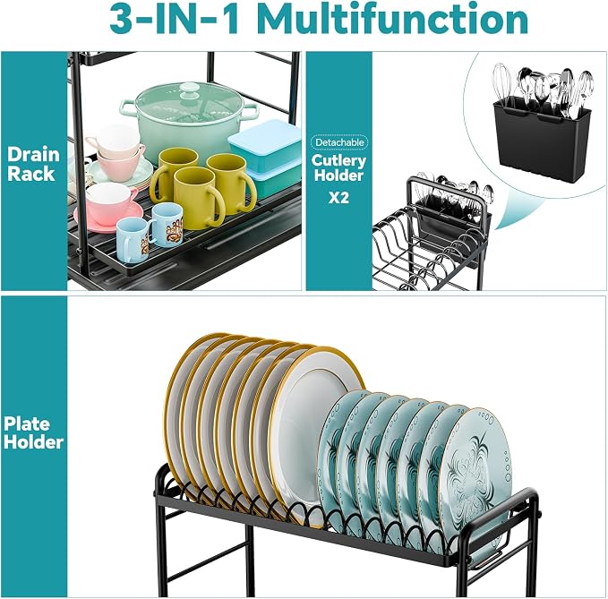 Simple Trending Dish Rack, Dish Drying Rack 2 Tier, Stainless Steel Dish Drainers with Utensil Holder and Drainboard for Kitchen Sink Organizers, 11.875" W x 16.625" D, Black - Image 4