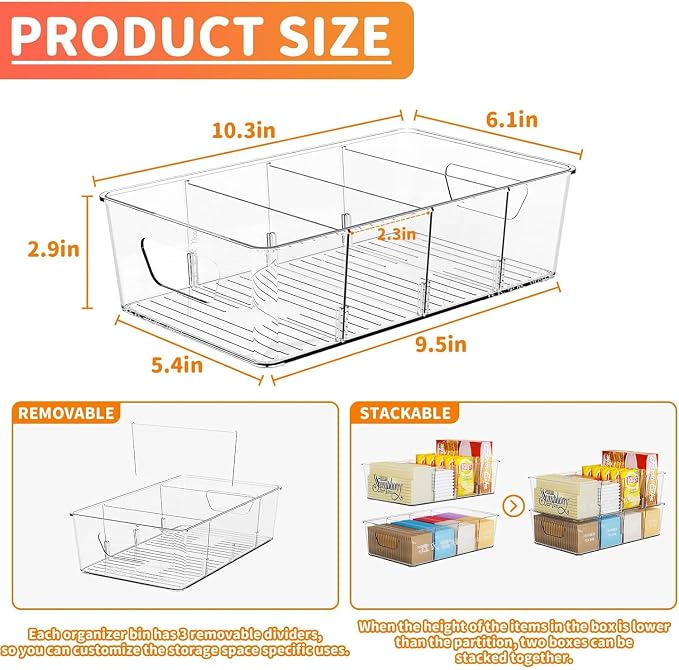 Stackable 4 Pack Snack Organizer for Pantry Shelf,Clear Pantry Organizers and Storage Bins for Fridge,Office,Cupboard,Plastic Pantry Snack Organizer For Breast Milk,Tea Bag,Food Storage Containers - Image 3