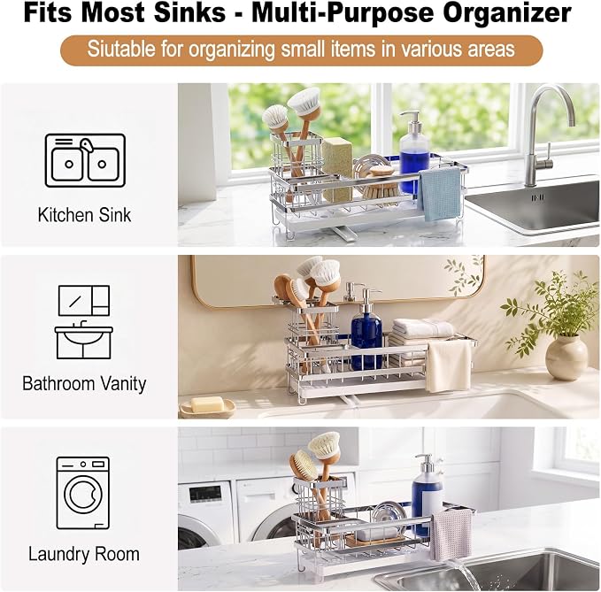 Sponge Holder for Kitchen Sink, Self-draining Sink Caddy with Towel Rack and Brush Holder, Metal Kitchen Countertop Organizers and Storage Essentials, Silver - Image 9