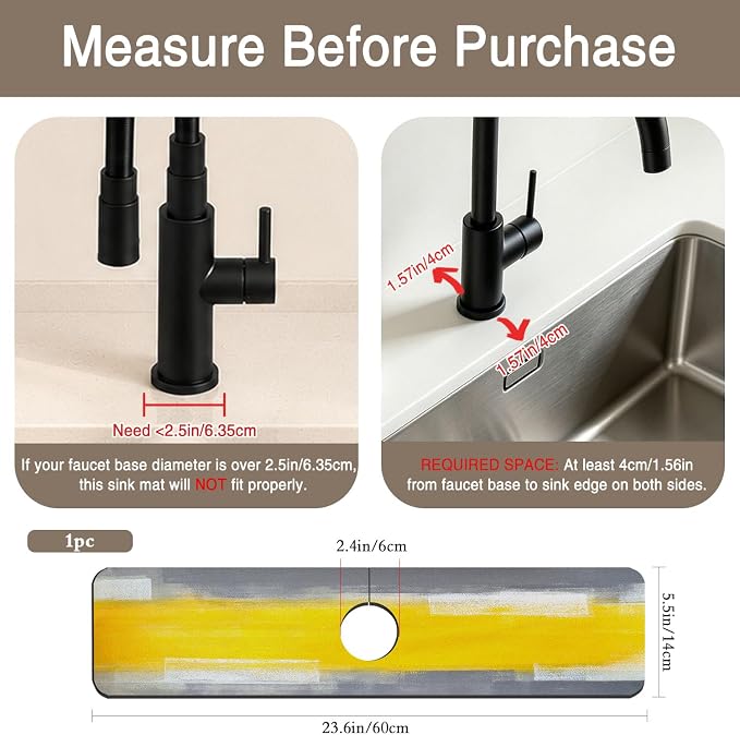 Kitchen Faucet Mat Grey and Yellow Abstract Geometric Sink Splash Guard Behind Faucet Draining Mat Kitchen Accessories Non-slip Easy to Clean for Bathroom & Kitchen 24"X5.5" - Image 2