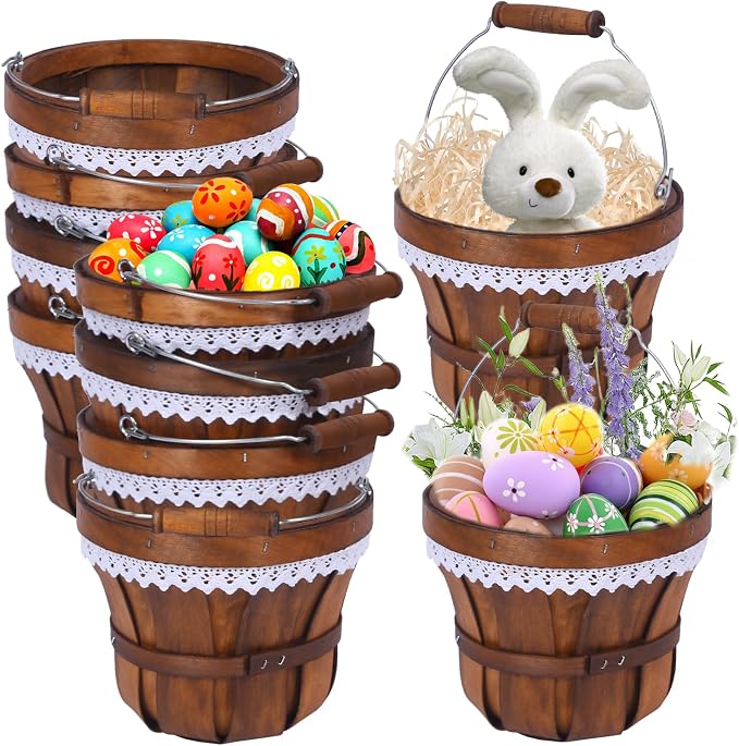 Wooden Baskets 7" x 6", 10 Pack Brown Apple Harvest Baskets | Round Handled Baskets Hold Produce, Flowers, Easter Eggs Or Favors for Farms, Markets, Weddings, Parties and Decor by YPshuye