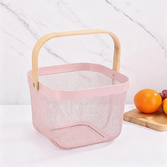 AJIODA Metal Mesh Steel Basket, Storage Organizer Basket Multi-functional Hanging Kitchen Baskets Fruit Baskets with Wooden Handle for Kitchen Bathroom Picnic Shopping Decor Cabinet Home, Rose Pink - Image 4