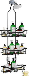 Adjustable Shower Caddy Hanging, Extended Length Organizer Over Shower Head, 3 Tier Long Neck Shower Rack with Soap Holder for Large Storage, Black by Joqixon
