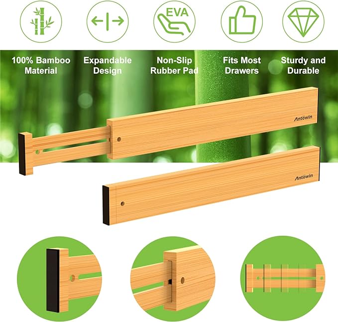 Bamboo Drawer Dividers, Expandable Drawer Separators Splitter, 17-22 inches Adjustable Spring-loaded Organizer for Large Utensil, Clothes, Tools Drawers, 6 Pack Dividers + 4 Pack Baffle - Image 3