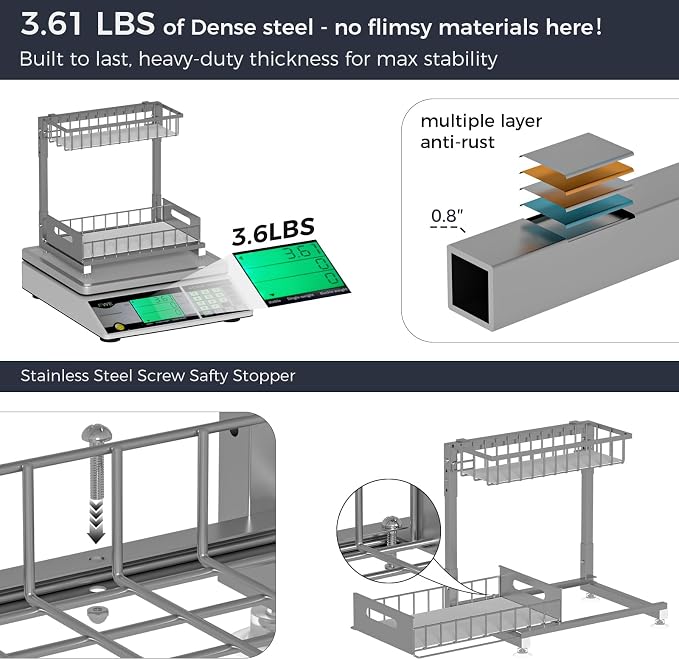 L-Shaped Under Sink Organizer, 2-Tier Pull-out Cabinet Rack 1-Pack | Grey Height-Adjustable Steel Rack, Sliding Grid Drawers with PP Liners, Holds 100 Lbs, Suction Base, Ideal Kitchen Storage - Image 4
