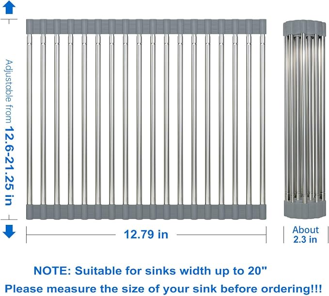 CHIRISEN Expandable Large Roll Up Dish Drying Rack 18 Tube 21.25x12.79''Collapsible Over The Sink Rack Non-Slip Silicone Rolling Dish Drainer Stainless Steel Roll Rack for Kitchen Sink Counter (Gray) - Image 4