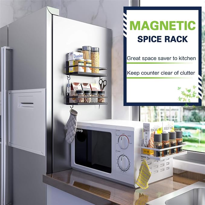 Magnetic Spice Rack, Thipoten Strong Magnetic Shelf with 2 Removable Hooks, Perfect Space Saver for Small Kitchen/ Apartment, Awesome Metal Cabinet for Holding Spices, Jars, Salt (White, 2Pack) - Image 5