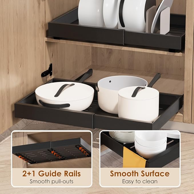 2 Pack Expandable Pull Out Cabinet Organizer 21" Deep, Adjustable Width 12.6"-20.5", No Drill Adhesive with Triple Track Rails, Heavy Duty Slide Out Drawers for Kitchen, Pantry, Cabinets,Black - Image 5