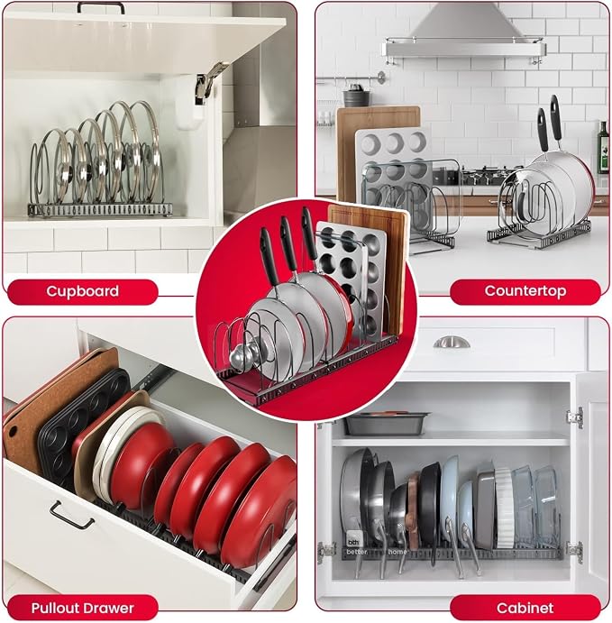 7.5” Wide 12-Slot Adjustable Large Pan and Pot Lid Organizer with Scratch-Free Pads, Expandable Pot Lid Holder Rack for Cabinet, Pots and Pans Organizer Inside Cabinet - Image 6