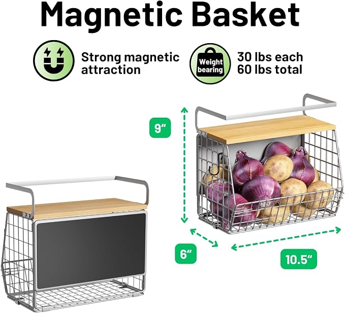 Magnetic Shelf for Fridge with Wood Lid, Fruit Potato and Onion Storage Bins, Pantry Organizers & Storage, Large Container Magnetic Spice Rack for Refrigerator, Kitchen Counter (Silver-gray, 1) - Image 5