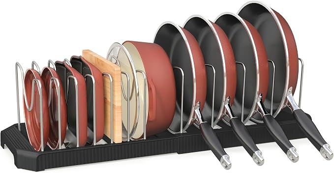 Expandable Pan Organizers Inside Cabinet with 12 Dividers Black | Extends 12.9-21.9", Holds cookie sheets, cutting boards, pot lids and pans, iron dividers, plastic base, under cabinet rack by Pantasia