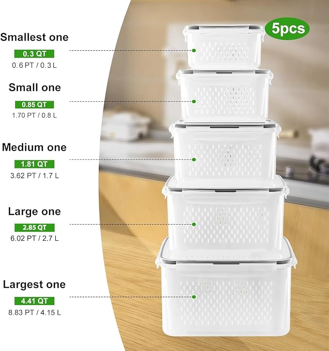 5 PCS Large Fruit storage Containers for Fridge ,Food Storage Containers | with Removable Colander Leakproof Dishwasher & Microwave safe Produce Containers Keep Fruits Vegetables Berry Fresh longer - Image 2